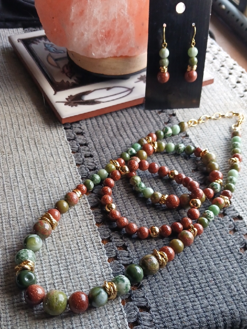 Goldstone and Green Jasper Beaded Necklace Bracelet & Earring Set - Gold Accents